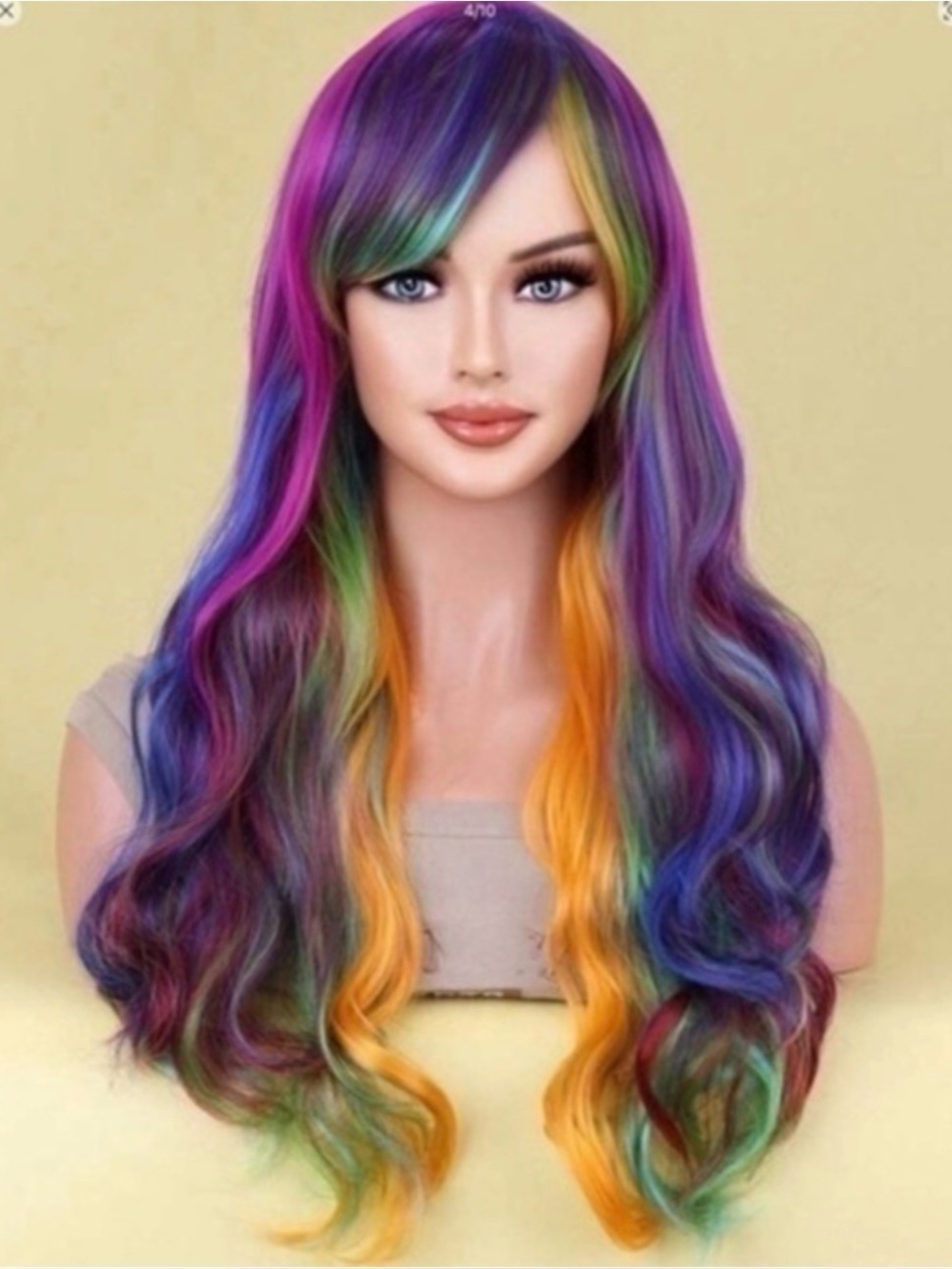 🌸 NEW Multi-Color Rainbow Long Wavy Women's Wig - Vibrant Purple, Blue & Gold